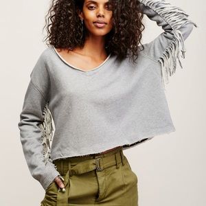 Free People Gray Wide V-Neck Fringe-Sleeve Sweater